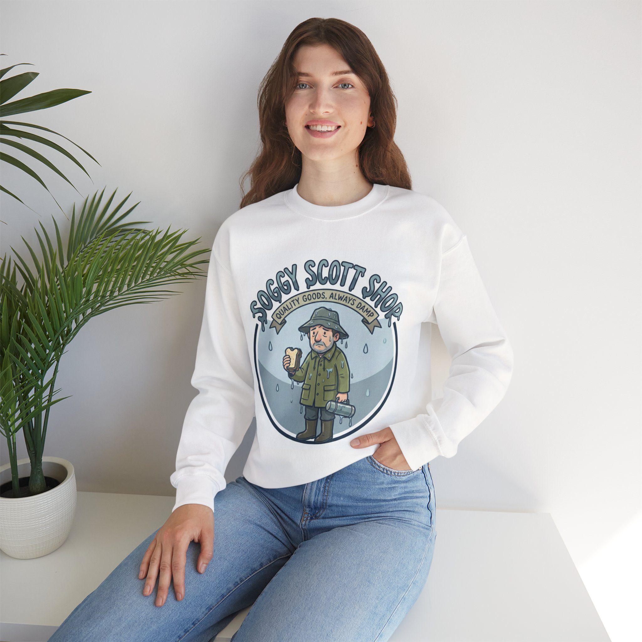 Soggy Scott Shop Sweatshirt — Cozy Rainy Day Graphic Crewneck