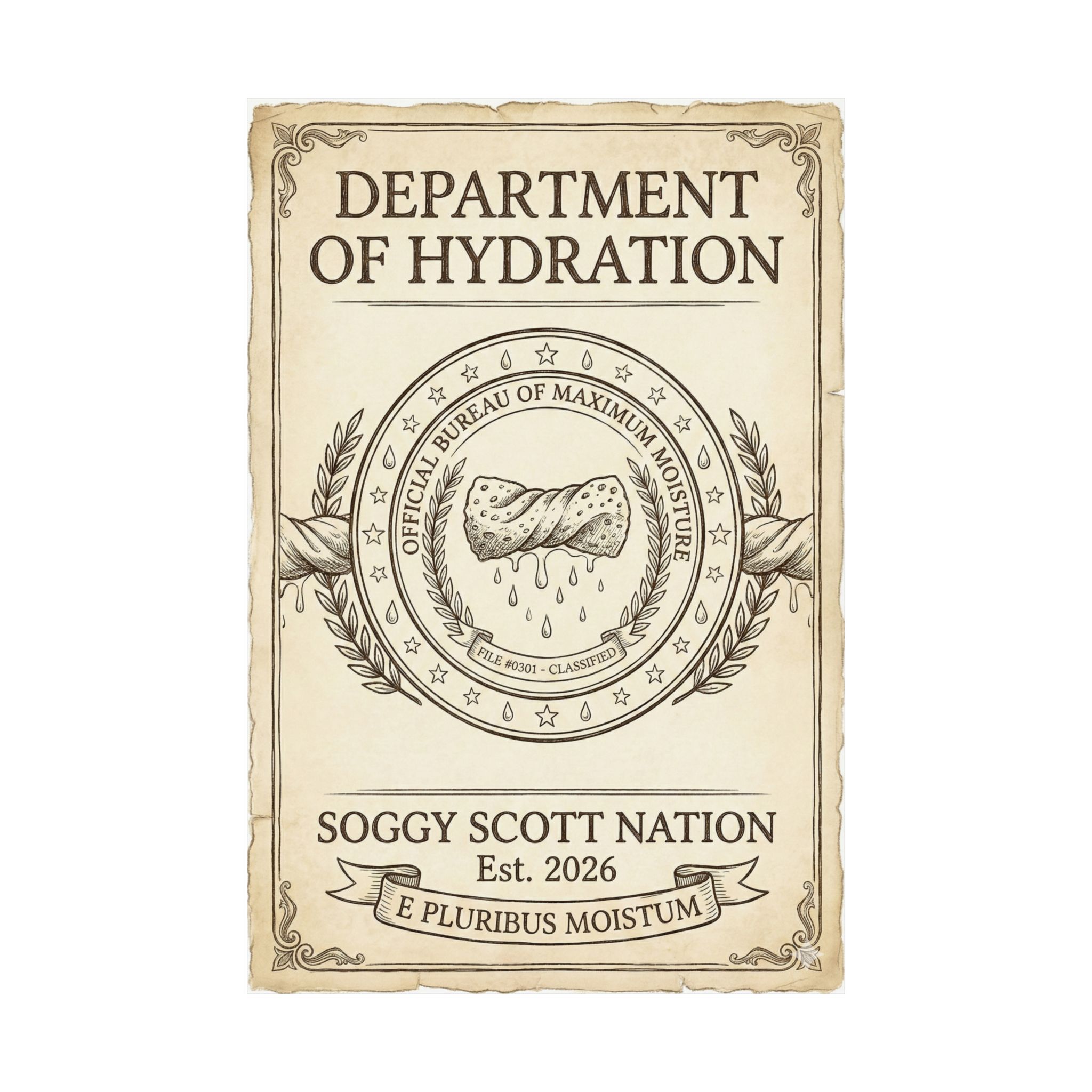 Department of Hydration Matte Vertical Poster – “Soggy Scott Nation” Vintage Seal Art